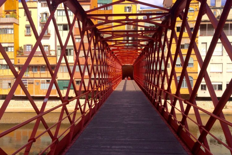 Red Iron-and-lattice Eiffel Bridge Over The Onyar River, Girona, Catalonia, Spain