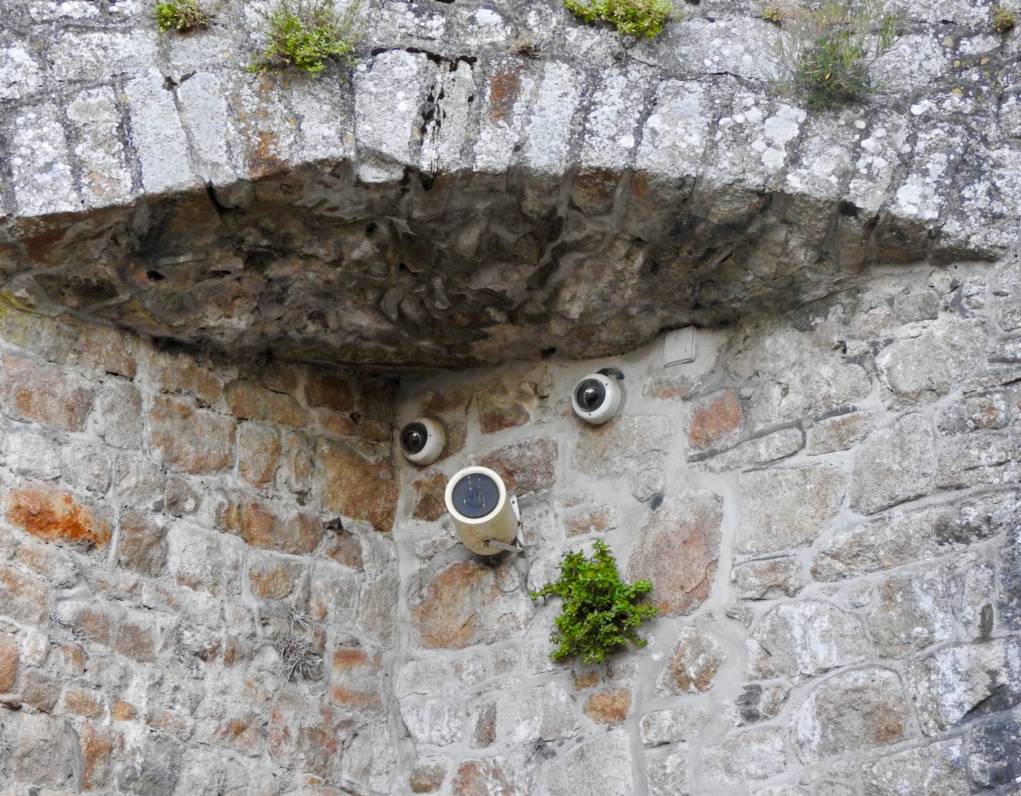 camera and motion sensor lights arranged in a face-like form