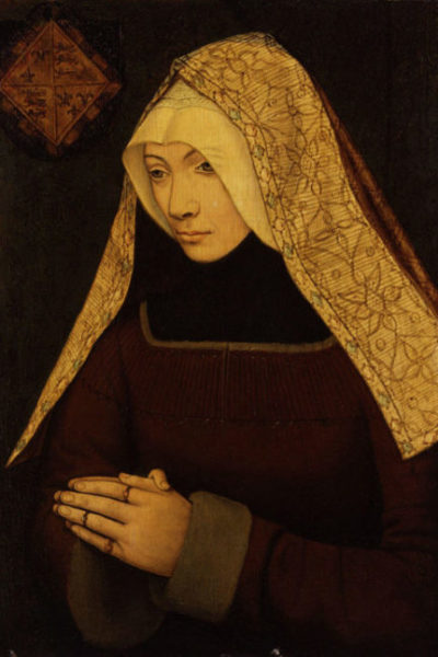 Portrait of a medieval woman wearing an embroidered white hood, and formerly thought to be Lady Margaret Beaufort