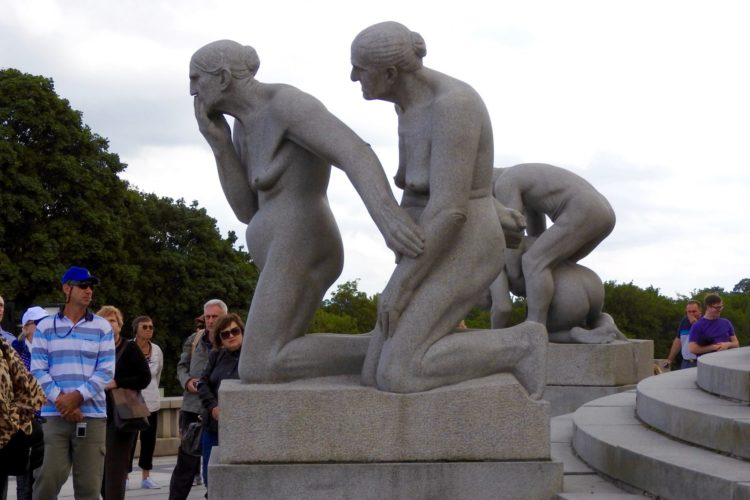 Granite sculpture of two older women Vigeland Installation Frogner Park Oslo