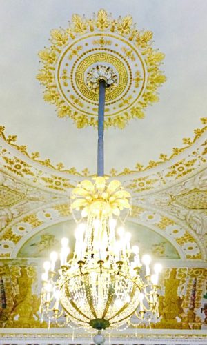 Ornate ceiling and crystal chandelier
