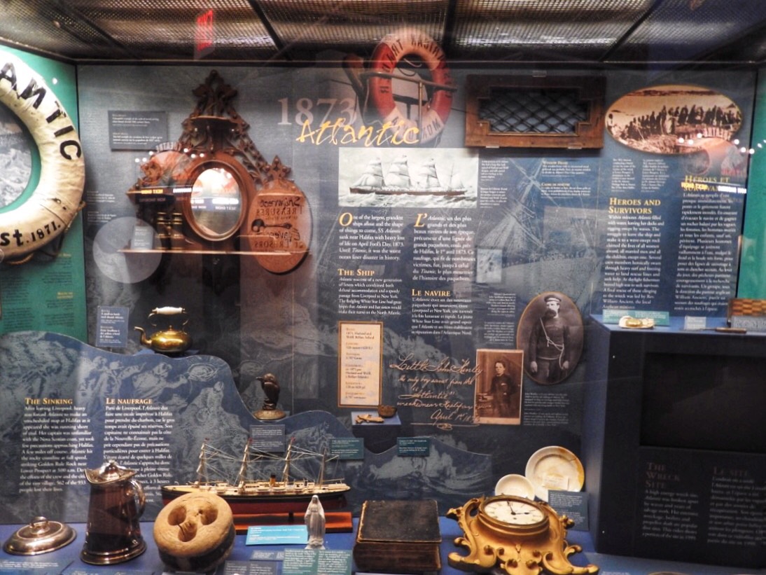 Museum case with artifacts from the S.S. Atlantic