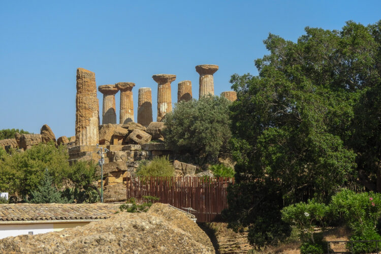 Greek column remains of the Temple of Hercules standing at the Valley of the Temples, Sicily